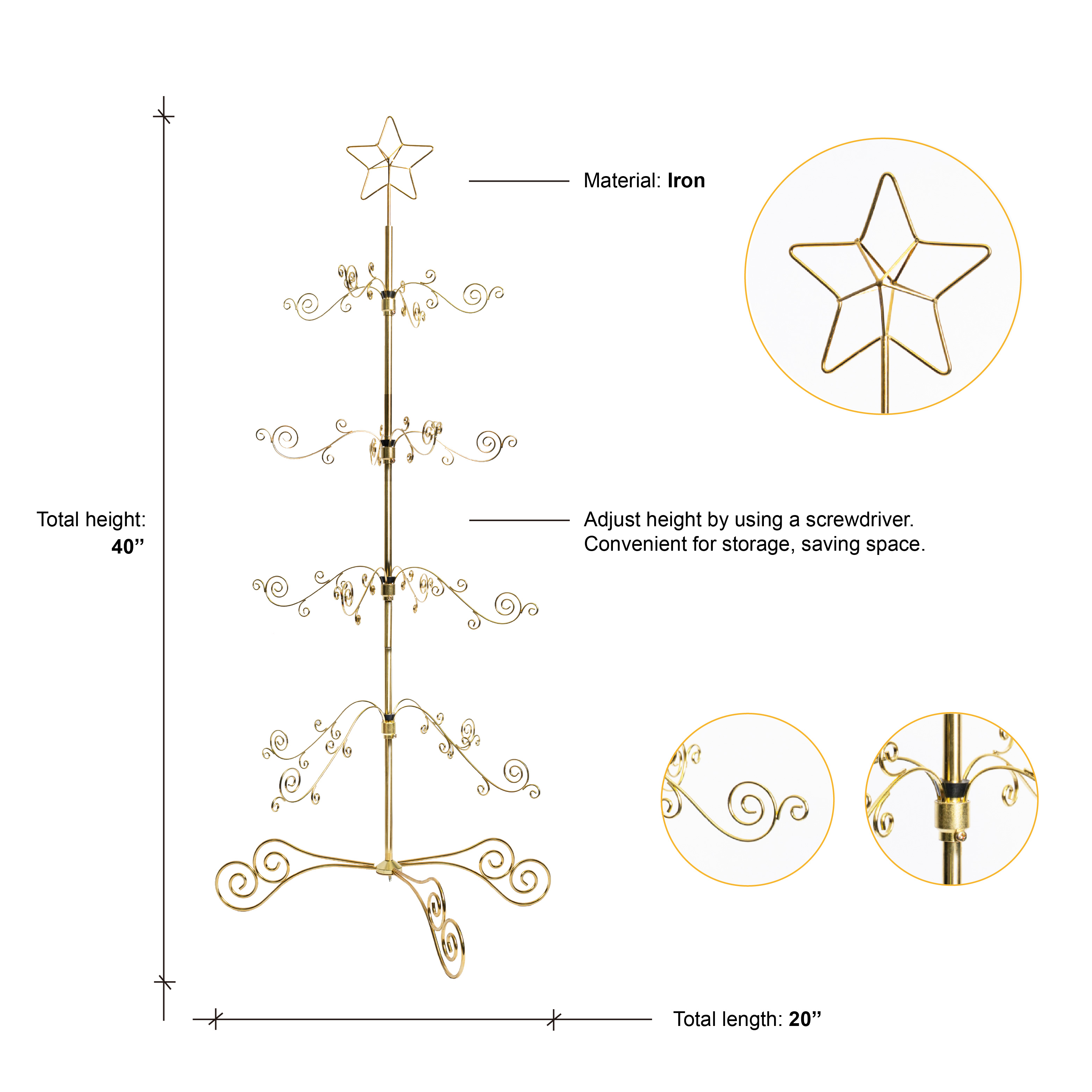 HOHIYA 3 Ft Wrought Iron Ornament Display Tree 56-Hook Metal Christmas Tree Alternative Sturdy Floor and Tabletop Stand for Glass Baubles Gold